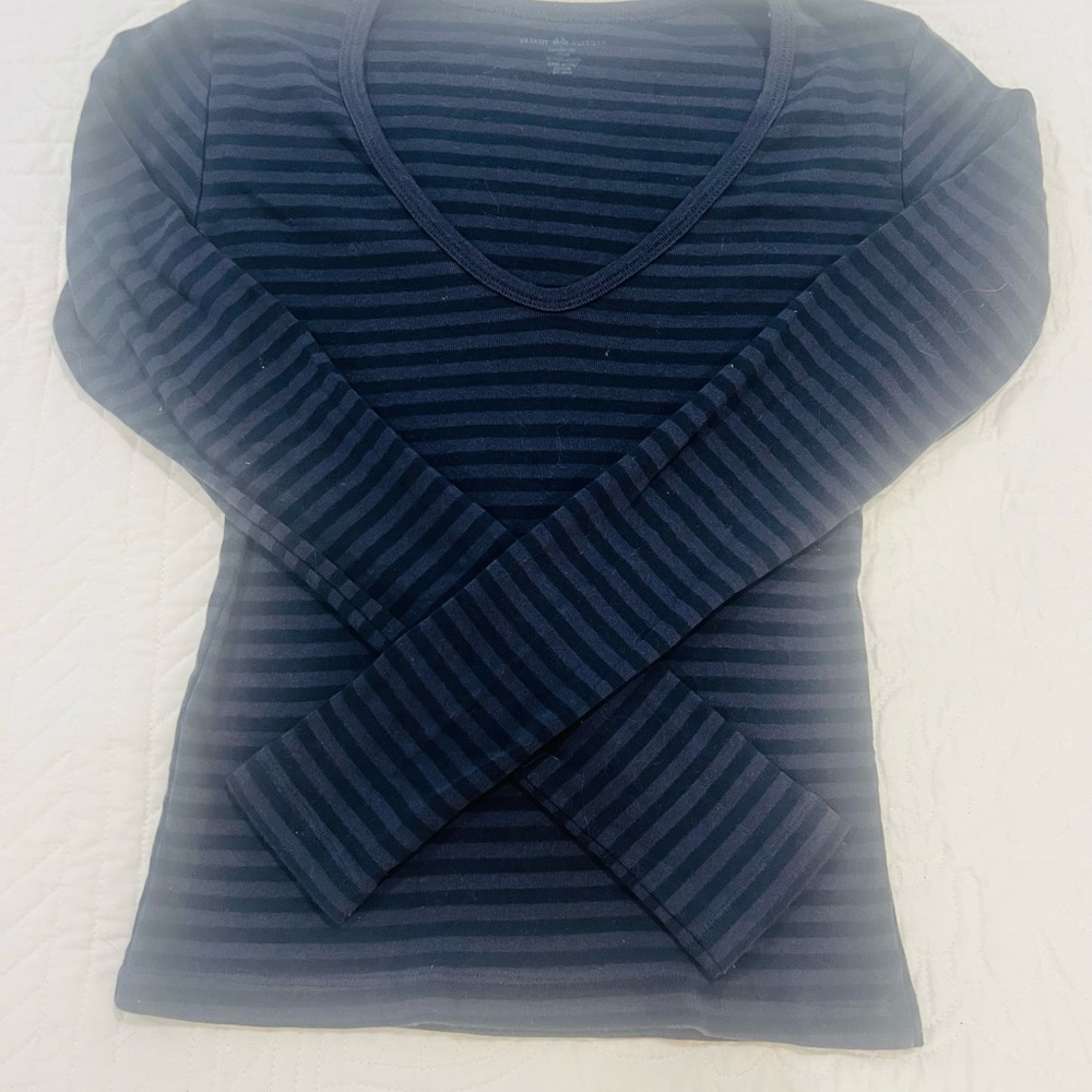 Brandy Melville Navy and Black Striped Long-Sleeve V-Neck Top